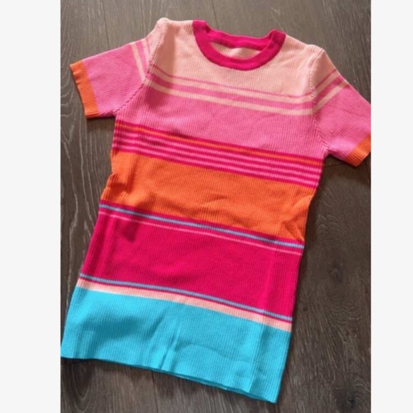 Knit Striped Pink Blue Orange Short Sleeve Crew Neck Tee Shirt Top - Picture 10 of 12